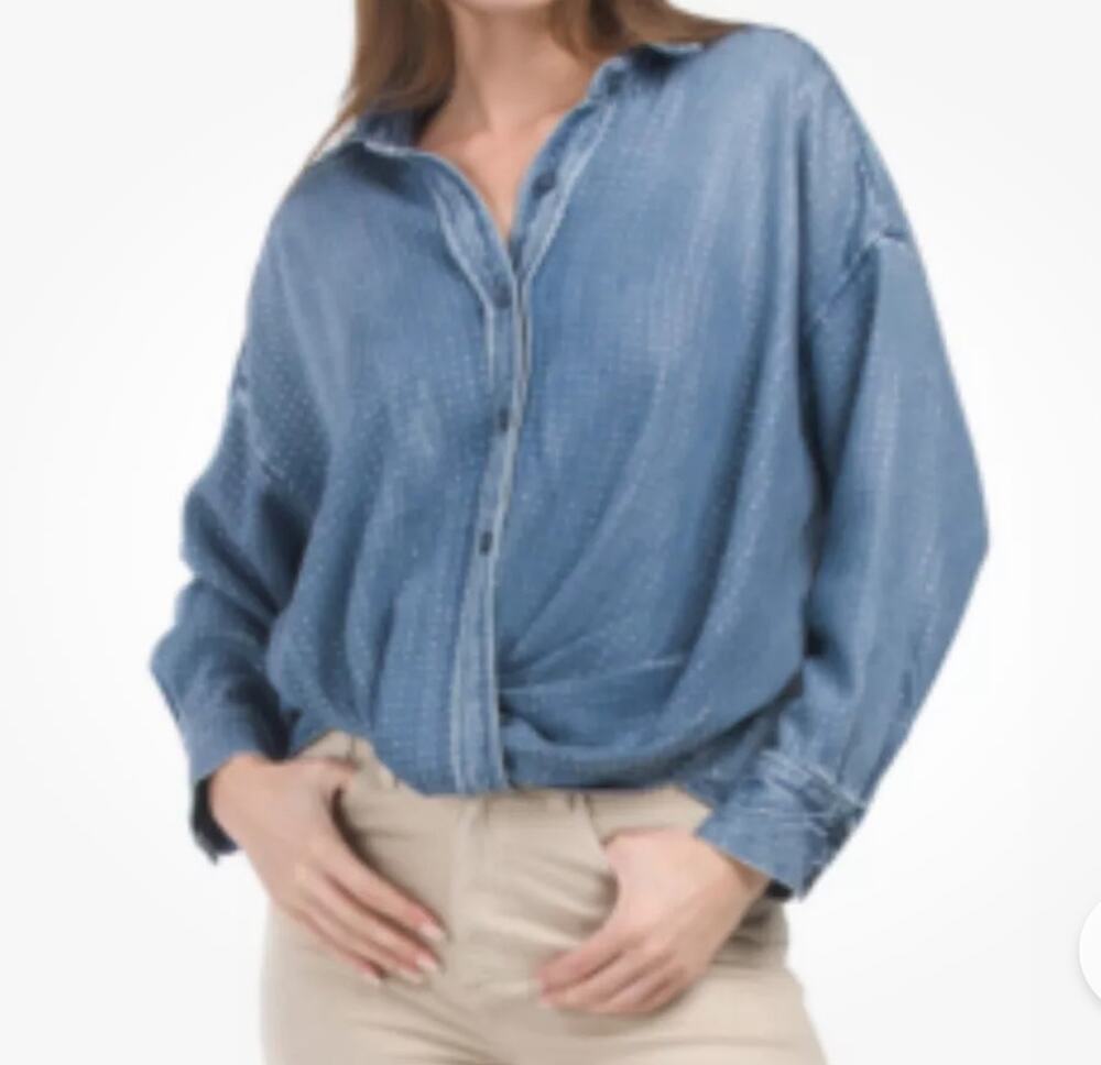 Young Fabulous & Broke YFB Chambray Twist Front Long Sleeve Top S